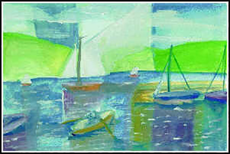 Watercolour boats in harbour with cubism elements