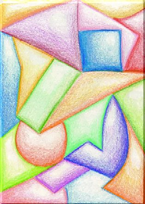 Colourful fitted shapes in a rectangle, pencil