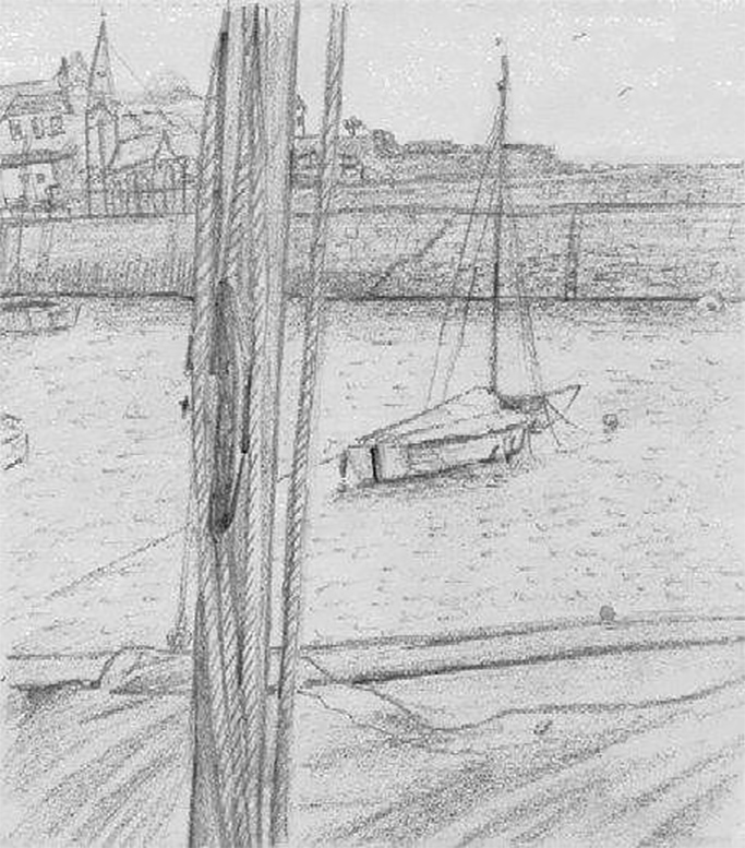 Mousehole harbour scene with mast, covered boat and boat in the harbour, black and white pencil