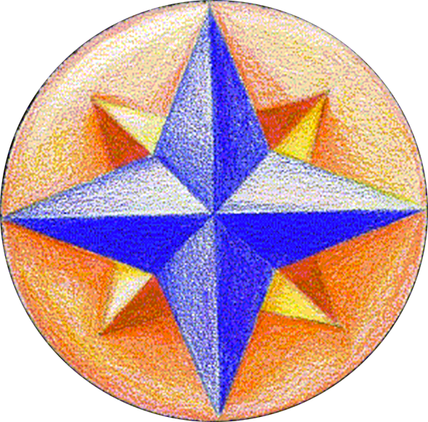 Orange, yellow and blue compass motif in pencil