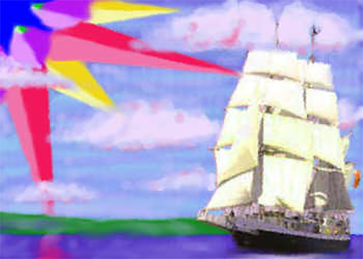 Composite watercolour design with tall ship in bay